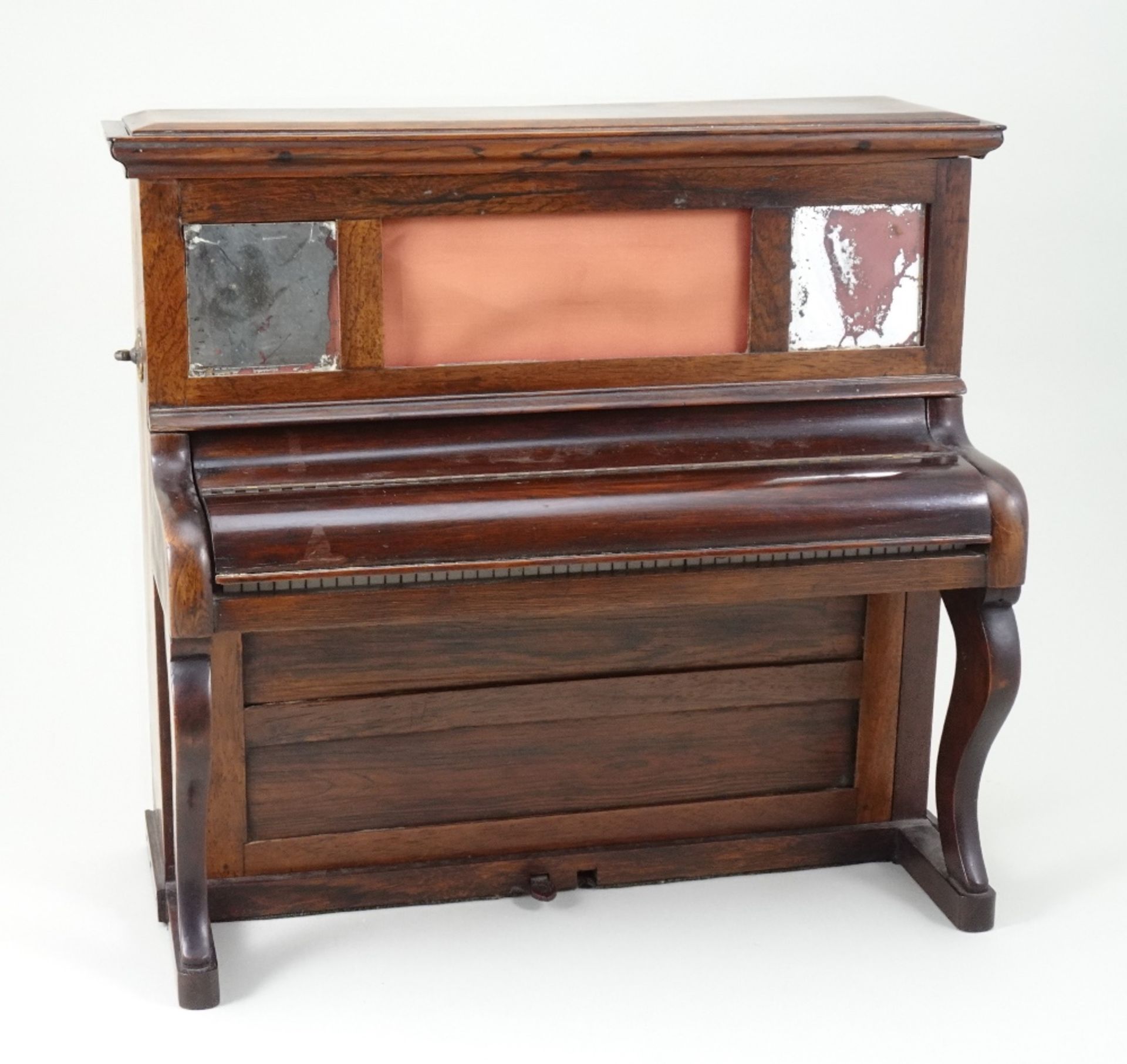 An unusual wooden upright piano sewing box or Necessaire, English 19th century,