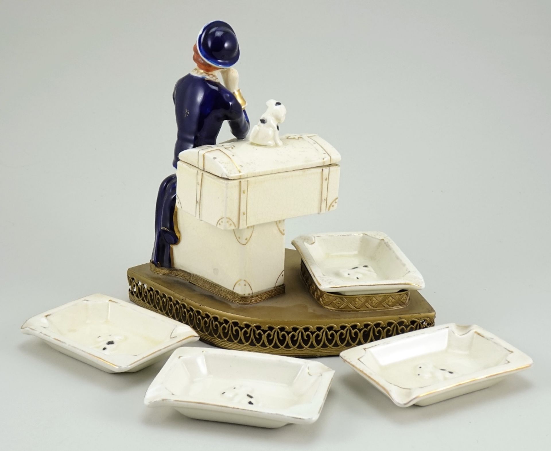 Hinode (Japan) glazed china seated Lady with trunk and ashtrays table smokers companion, 1920s, - Image 2 of 2
