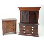 Miniature wooden Cupboard and bow fronted Chest of Drawers, English 19th century,