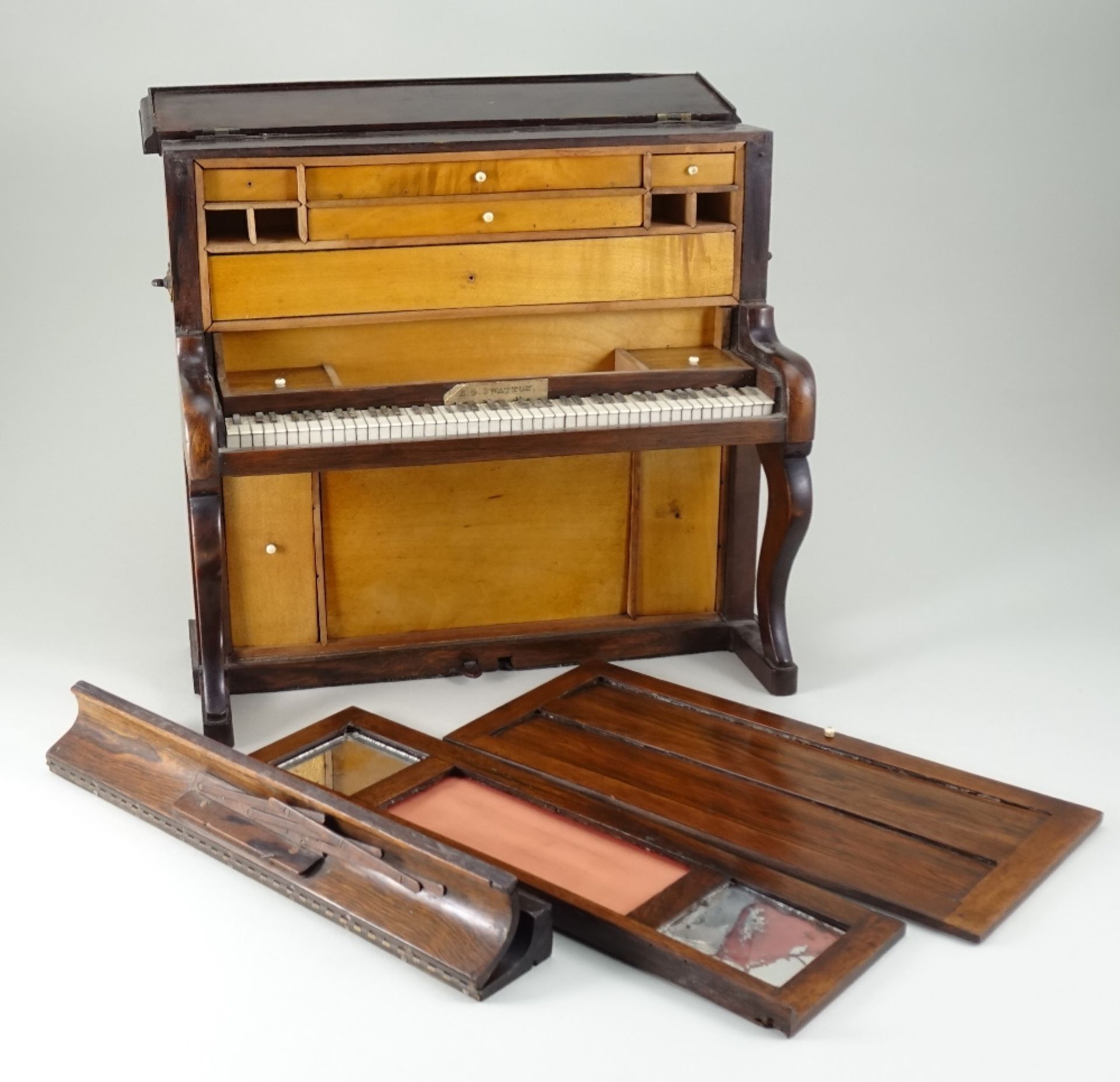 An unusual wooden upright piano sewing box or Necessaire, English 19th century, - Image 4 of 7