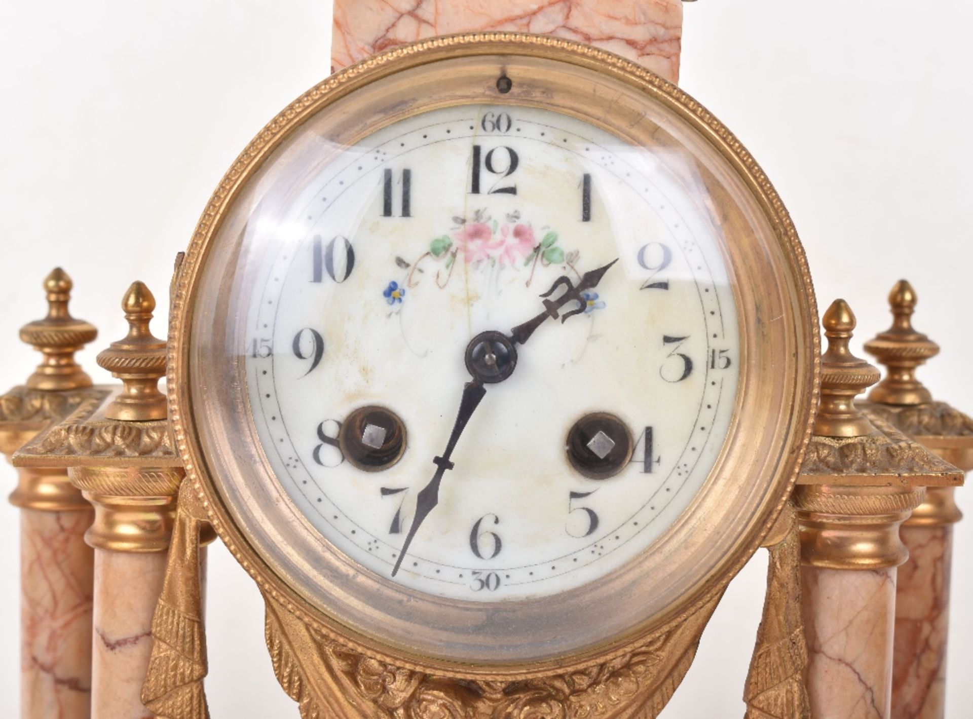 A late 19th century French rose marble clock garniture - Image 2 of 2