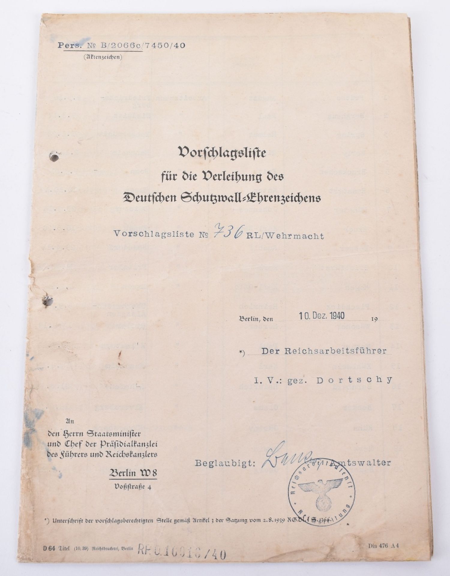 Interesting Grouping of Third Reich Documents Relating to the Awarding of the West Wall Campaign Med - Image 7 of 8