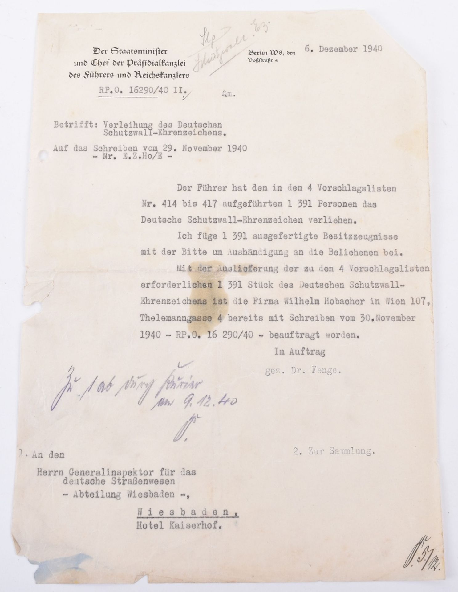 Interesting Grouping of Third Reich Documents Relating to the Awarding of the West Wall Campaign Med - Image 3 of 8