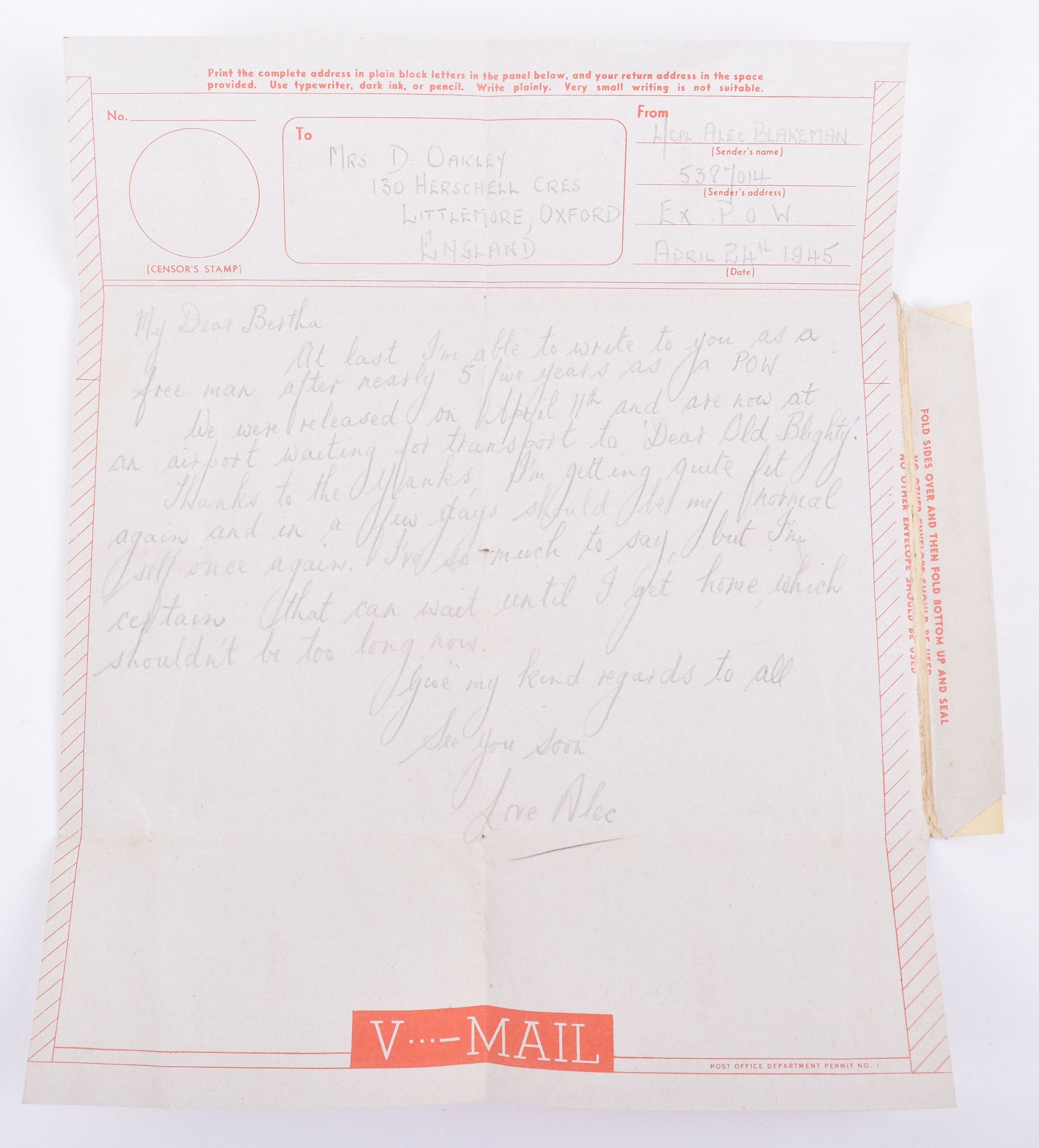 Prisoner of War Letters from a British Lance Corporal Imprisoned from 1940 to 1945, Alec Blakeman, O - Image 3 of 4