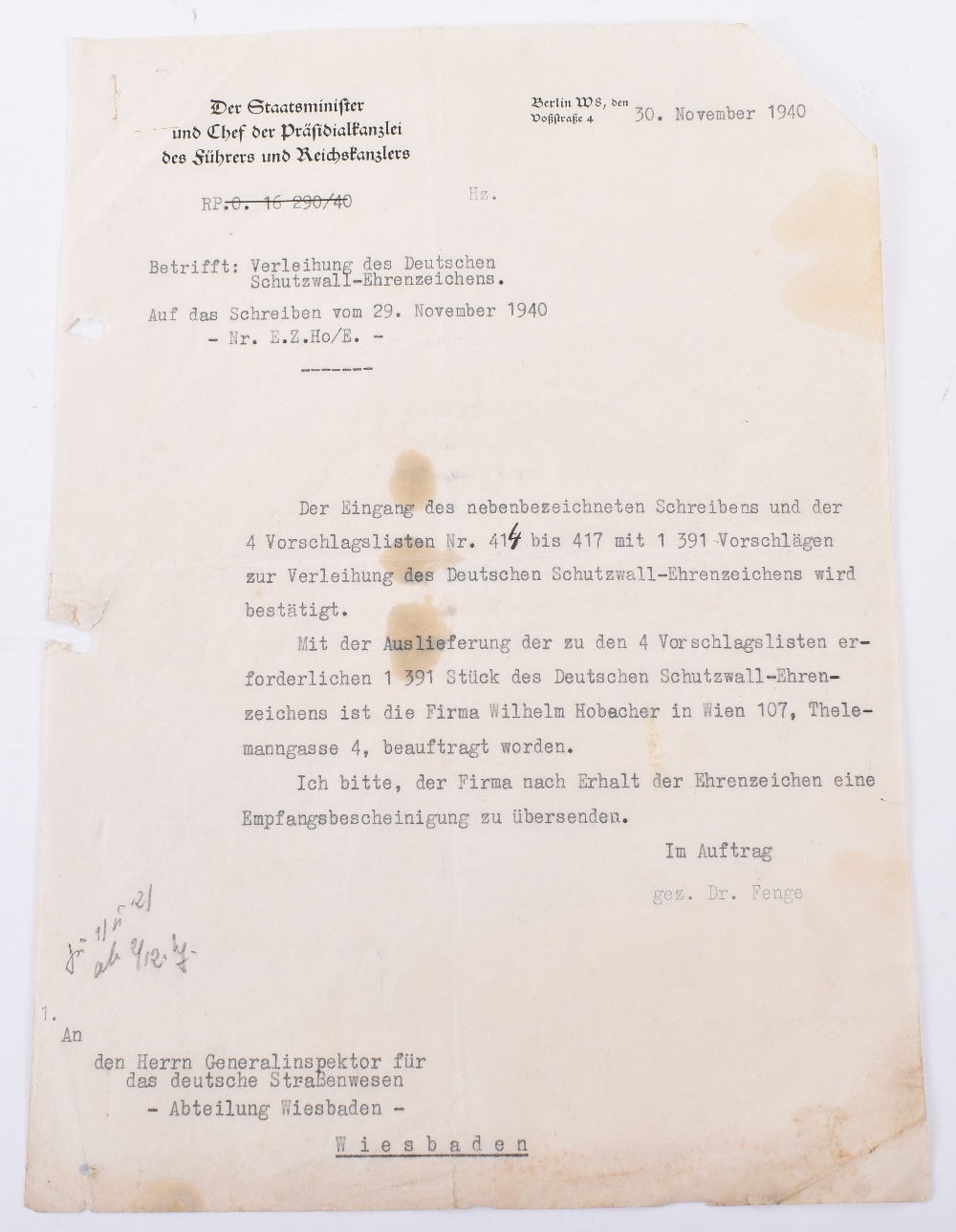Interesting Grouping of Third Reich Documents Relating to the Awarding of the West Wall Campaign Med - Image 4 of 8
