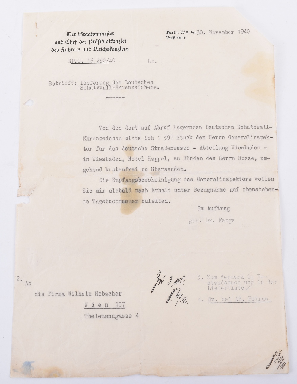 Interesting Grouping of Third Reich Documents Relating to the Awarding of the West Wall Campaign Med - Image 2 of 8