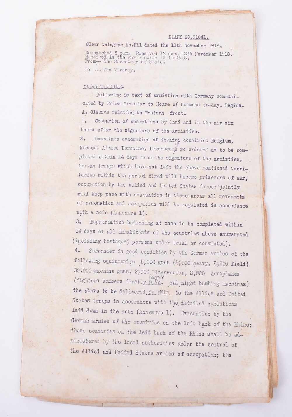 Important Details of Armistice Telegram sent by the Secretary of Statedated 11 November 1918 to the - Image 4 of 4