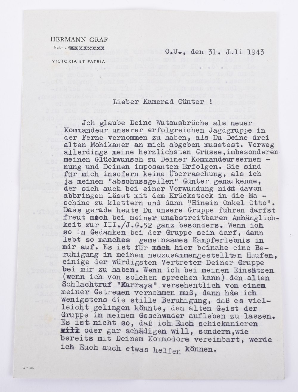 Personal Letter from Luftwaffe Fighter Ace Hermann Graf to Gunther Rall - Image 6 of 6