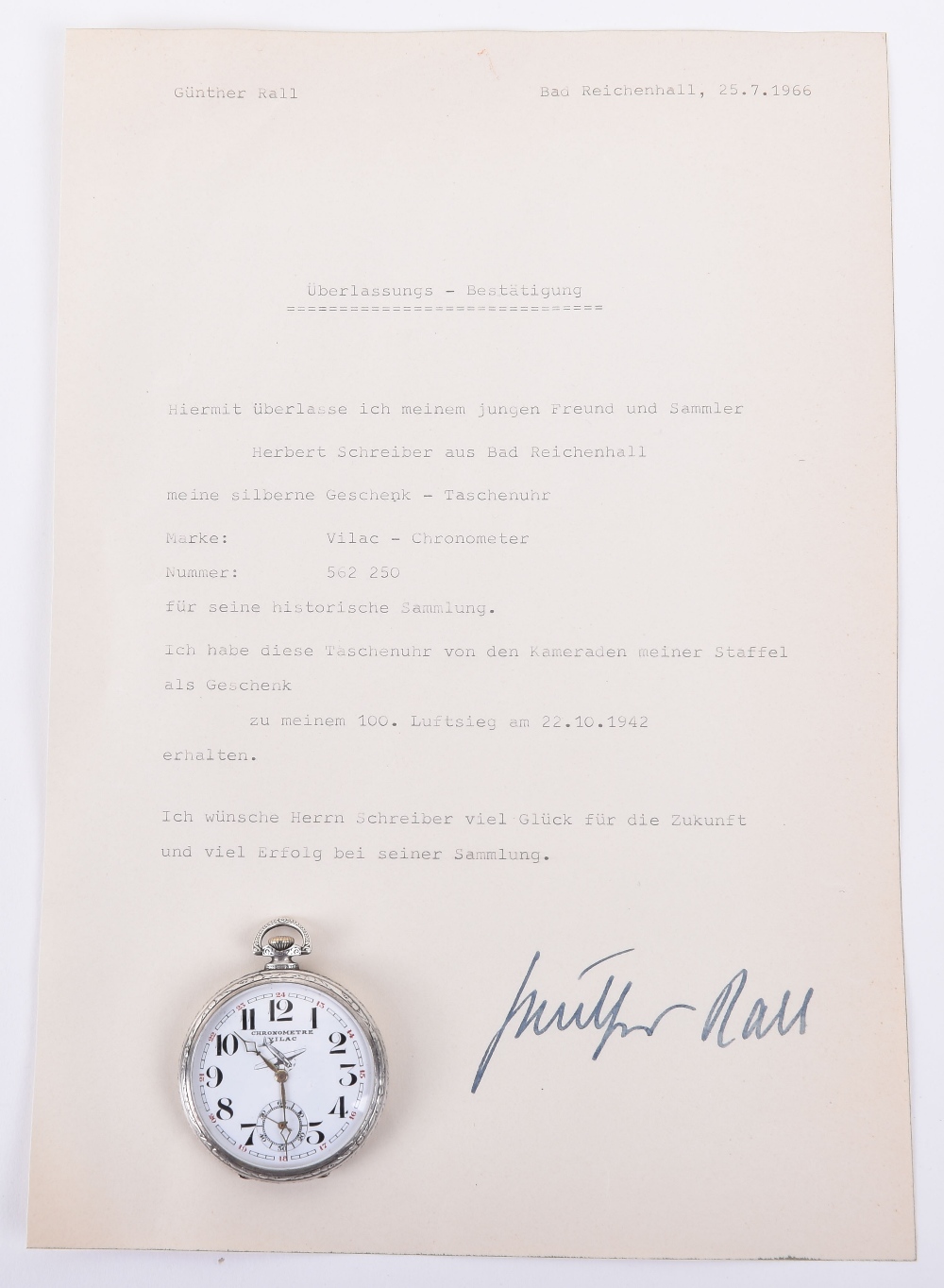 Gunther Rall Owned Pocket Watch Stated to be Awarded for his 100th Aerial Victory