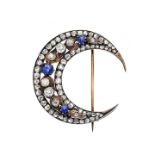 Half moon gold brooch with low title, silver, sapphires and diamonds