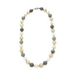 Necklace in pearls, gold pearls, tahitians and white gold