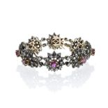 Bracelet in yellow gold, silver, diamonds and rubies