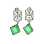 Pair of earrings platinum, yellow gold, diamonds and emerald