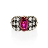 Ring in yellow gold, silver, diamonds and Natural Burma Ruby