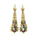 Pair of dangling earrings in yellow gold, silver, turquoise and colored enamels