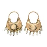 Pair of spaceship earrings in low gold and micro pearls