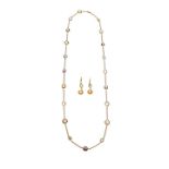 Long necklace and pair of earrings in yellow gold and semi-precious stones in various colors e