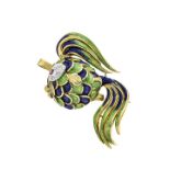 Fish pendant brooch in yellow gold, green and blue enamel, diamonds and rubies