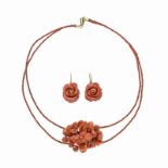 Necklace and pair of yellow gold and red coral earrings