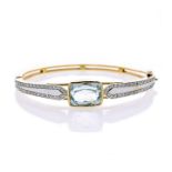 Rigid bracelet in yellow gold, white gold, diamonds and aquamarine