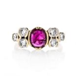 Ring in yellow gold, silver, diamonds and ruby