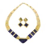 Necklace and pair of yellow gold and lapis lazuli earrings