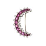 Half moon brooch in yellow gold, white gold, diamonds and natural Burmese rubies