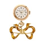 Brooch and watch in yellow gold and orange enamel