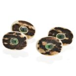 Pair of hunting cufflinks in yellow gold, bone and green stones