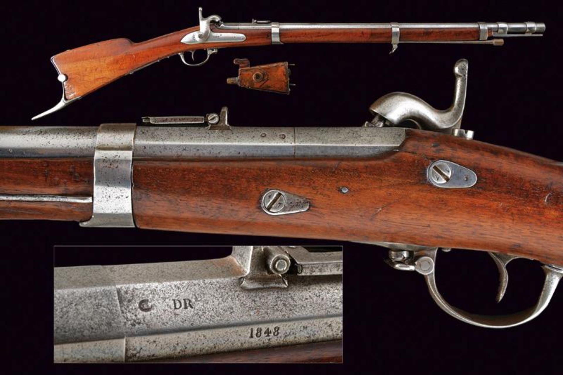 A very rare 1848 model Bersaglieri carbine, long type, with powderflask