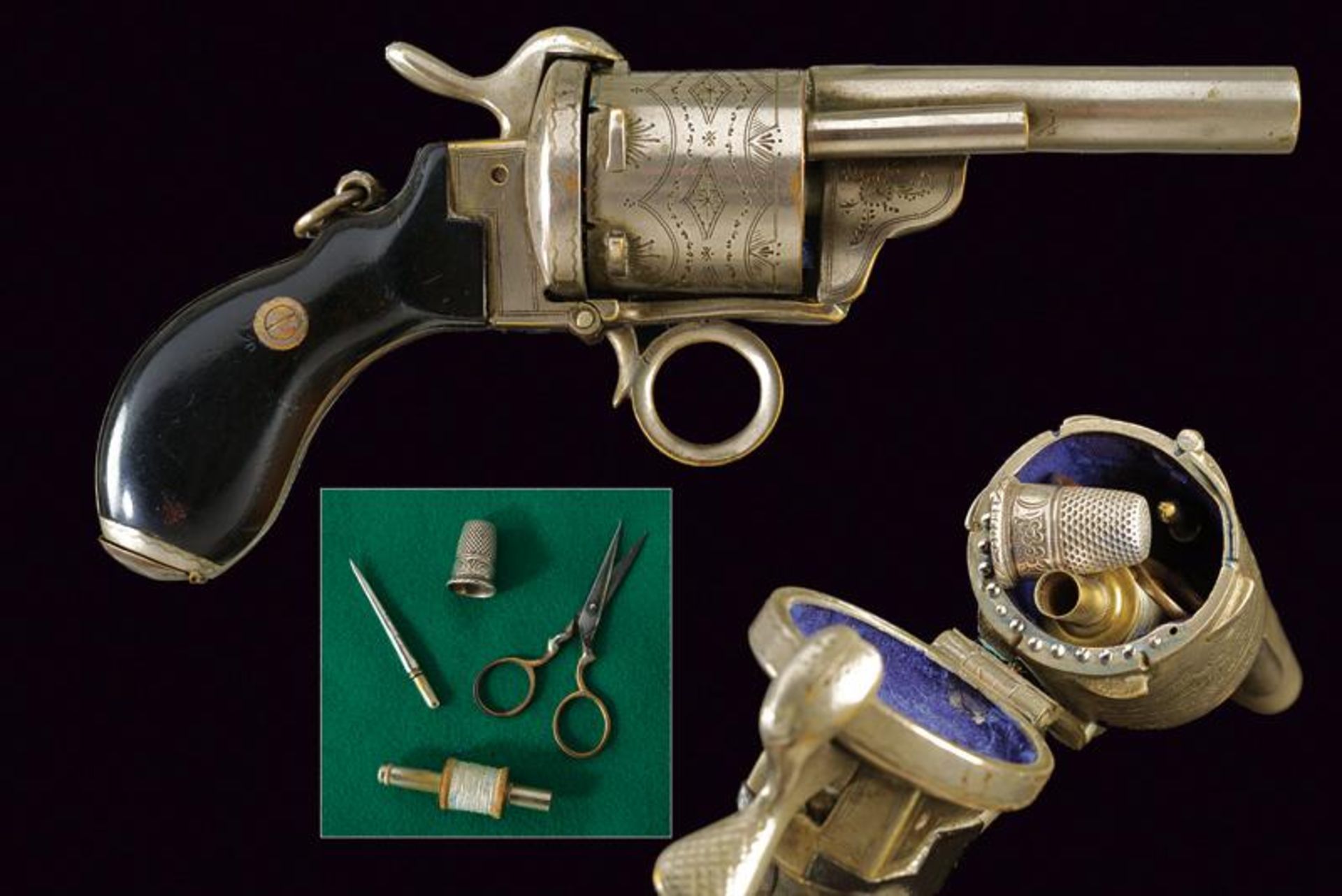 A rare sewing kit with revolver-like case