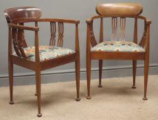 Pair Art Nouveau mahogany inlaid tub armchairs, pierced splat,