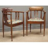 Pair Art Nouveau mahogany inlaid tub armchairs, pierced splat,