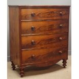 Victorian figured mahogany bow front chest, four long drawers, turned feet, W107cm, H124cm,