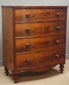 Victorian figured mahogany bow front chest, four long drawers, turned feet, W107cm, H124cm,