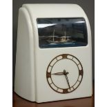 Early 20th century 'Vitascope' Art Deco style clock, with automated ship, in white case,