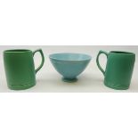 Keith Murray for Wedgwood, two green glazed tankards and blue footed bowl,