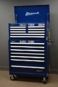 Homak blue finish two sectional tool trolley, hinged top compartment, fifteen drawers,