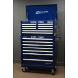 Homak blue finish two sectional tool trolley, hinged top compartment, fifteen drawers,