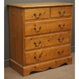Pine chest, two short and three long drawers, shaped plinth base, W91cm, H98cm,