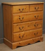 Pine chest, two short and three long drawers, shaped plinth base, W91cm, H98cm,