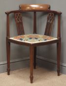 Art Nouveau mahogany inlaid corner chair, shaped cresting rail, pierced splat,