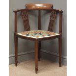 Art Nouveau mahogany inlaid corner chair, shaped cresting rail, pierced splat,