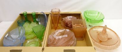 Art Deco and later coloured glassware including dressing table set, pair of fan shaped vases,