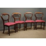 Set four mahogany Victorian style balloon back dining chairs, moulded seat rail, upholstered seat,