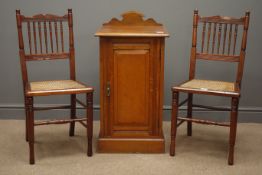 Early 20th century oak bedside cabinet, raised shaped back, single panelled door, plinth base,