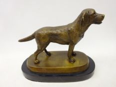 Bronze model of a Labrador on oblong base and marble plinth, L21cm x H17.