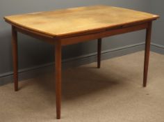 Teak retro drawer leaf dining table, turned supports, 130cm x 86cm H73cm,