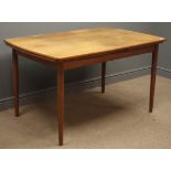 Teak retro drawer leaf dining table, turned supports, 130cm x 86cm H73cm,