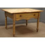 Victorian stripped pine table, fitted with single drawer, shaped apron, turned supports, W117cm,